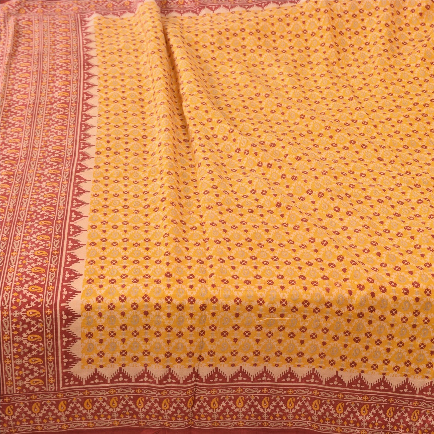 Sanskriti Vintage Sarees Yellow/Red Pure Silk Printed Sari 5yd Craft Sustainable Fabric