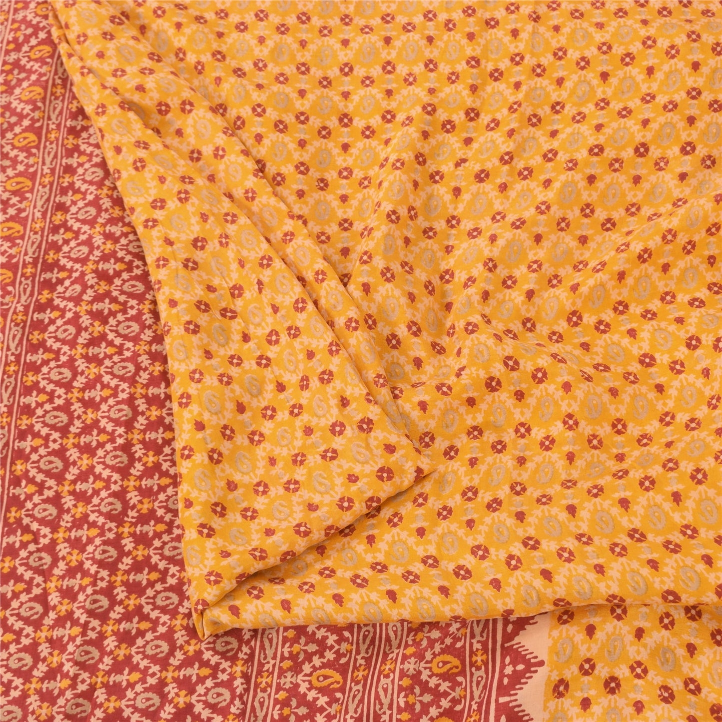 Sanskriti Vintage Sarees Yellow/Red Pure Silk Printed Sari 5yd Craft Sustainable Fabric