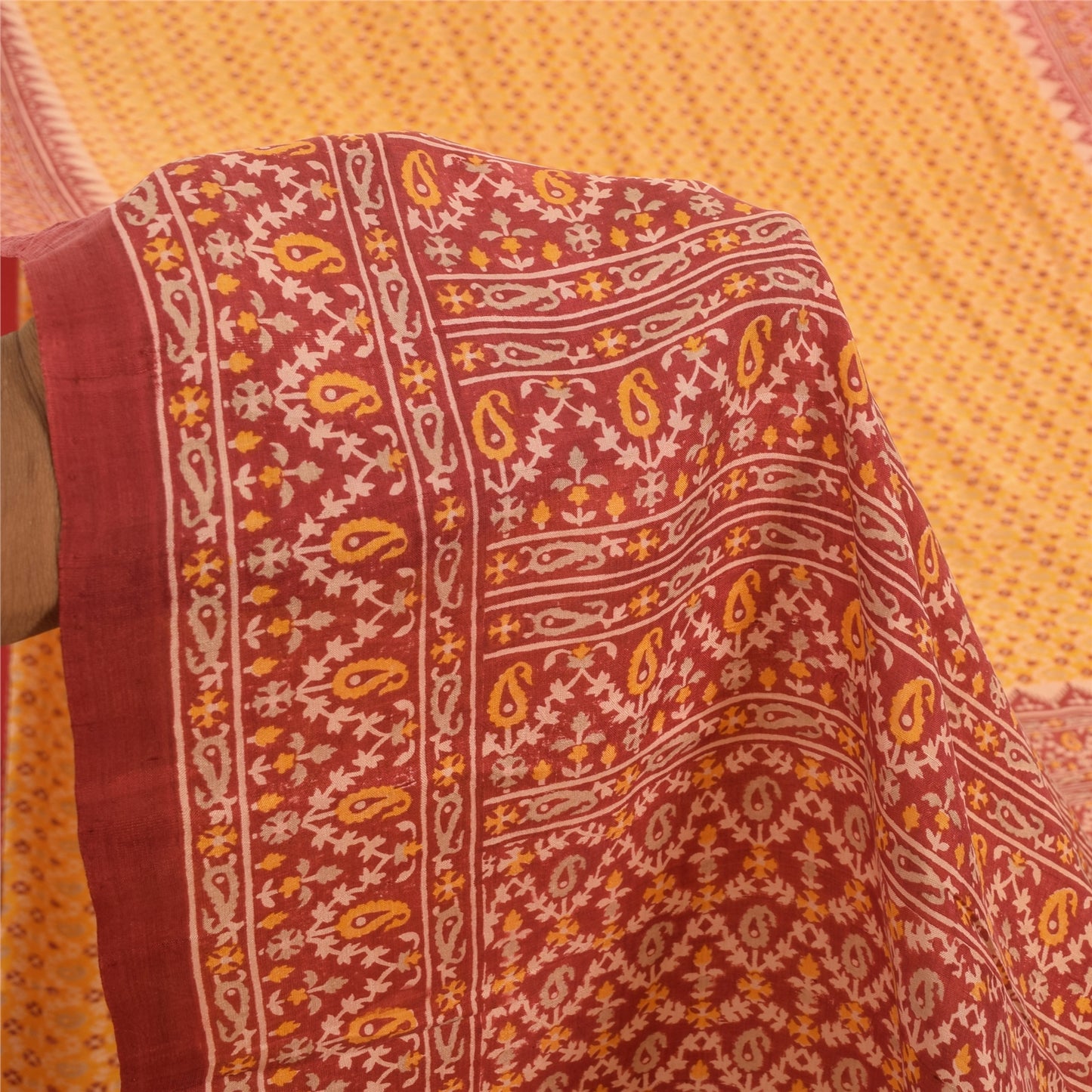 Sanskriti Vintage Sarees Yellow/Red Pure Silk Printed Sari 5yd Craft Sustainable Fabric