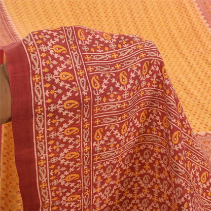 Sanskriti Vintage Sarees Yellow/Red Pure Silk Printed Sari 5yd Craft Sustainable Fabric
