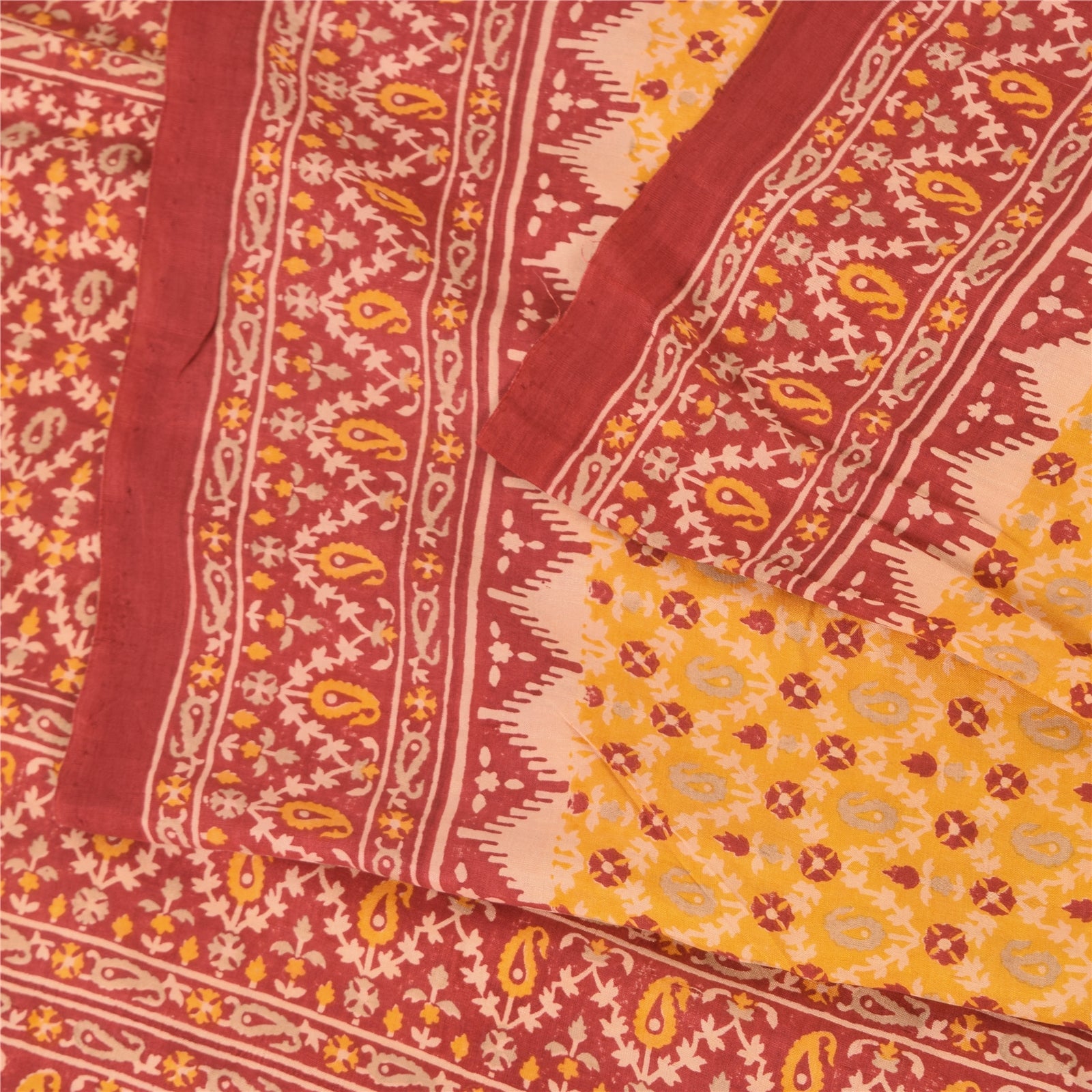 Sanskriti Vintage Saree 100% Pure Silk Yellow & Red Print Sarees 5Yd Craft Fabric Floral Design- Dresses, Kaftans, Skirts, Tops Projects