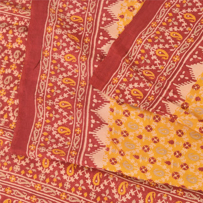 Sanskriti Vintage Sarees Yellow/Red Pure Silk Printed Sari 5yd Craft Sustainable Fabric
