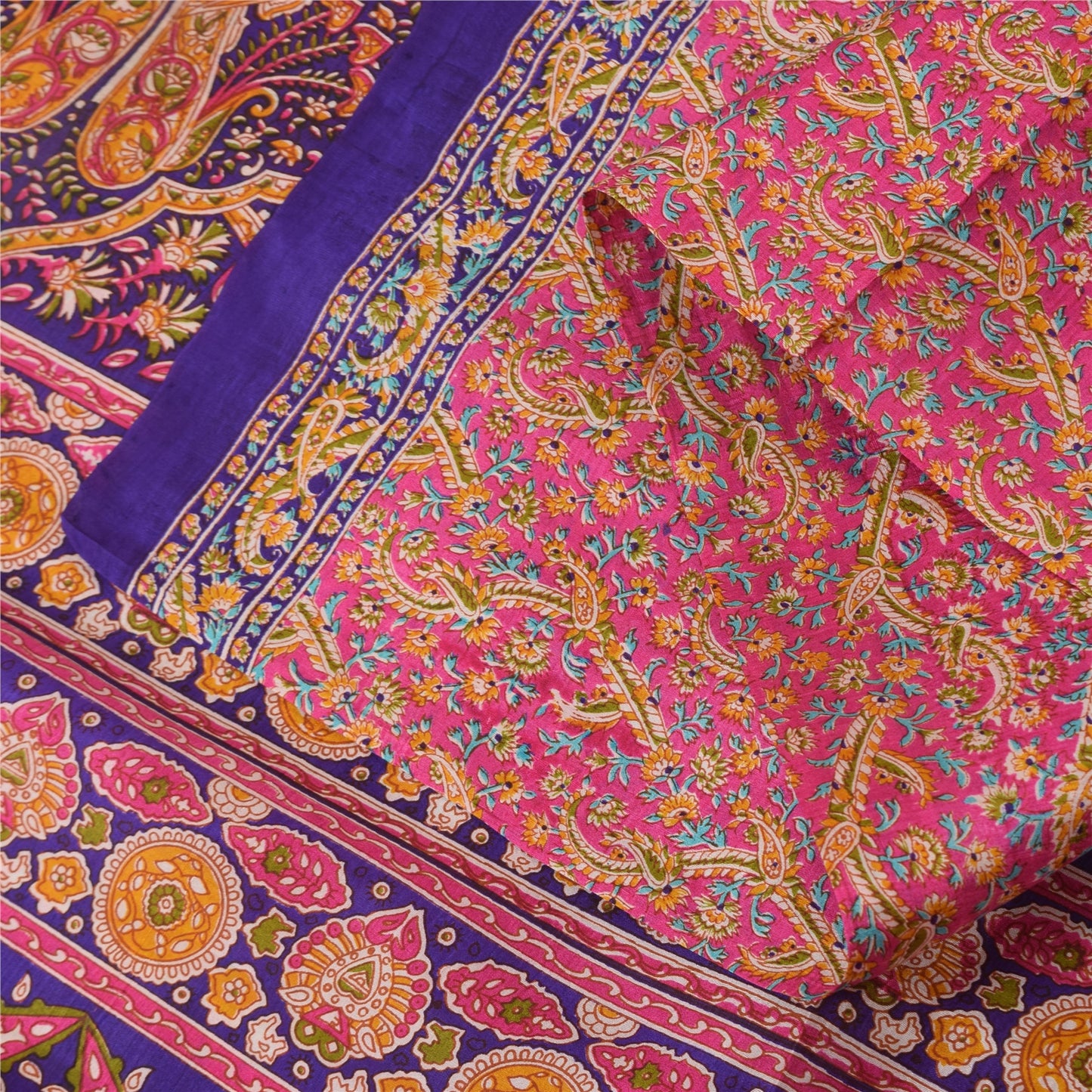 Sanskriti Vintage Sarees From India Pink Pure Silk Print Sari 5+yd Craft Sustainable Fabric