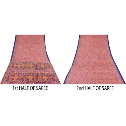 Sanskriti Vintage Sarees From India Pink Pure Silk Print Sari 5+yd Craft Sustainable Fabric