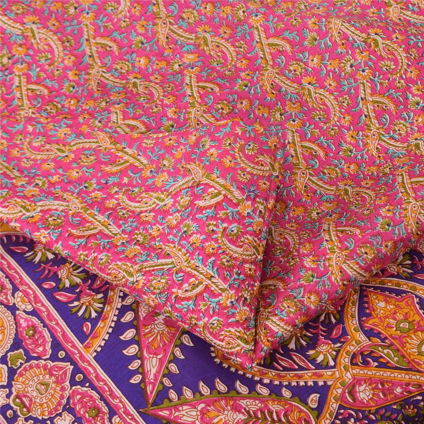 Sanskriti Vintage Sarees From India Pink Pure Silk Print Sari 5+yd Craft Sustainable Fabric