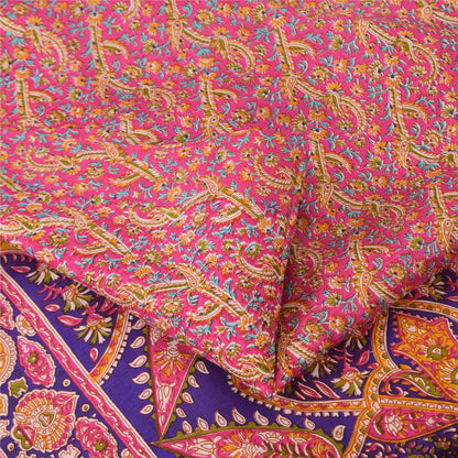 Sanskriti Vintage Sarees From India Pink Pure Silk Print Sari 5+yd Craft Sustainable Fabric