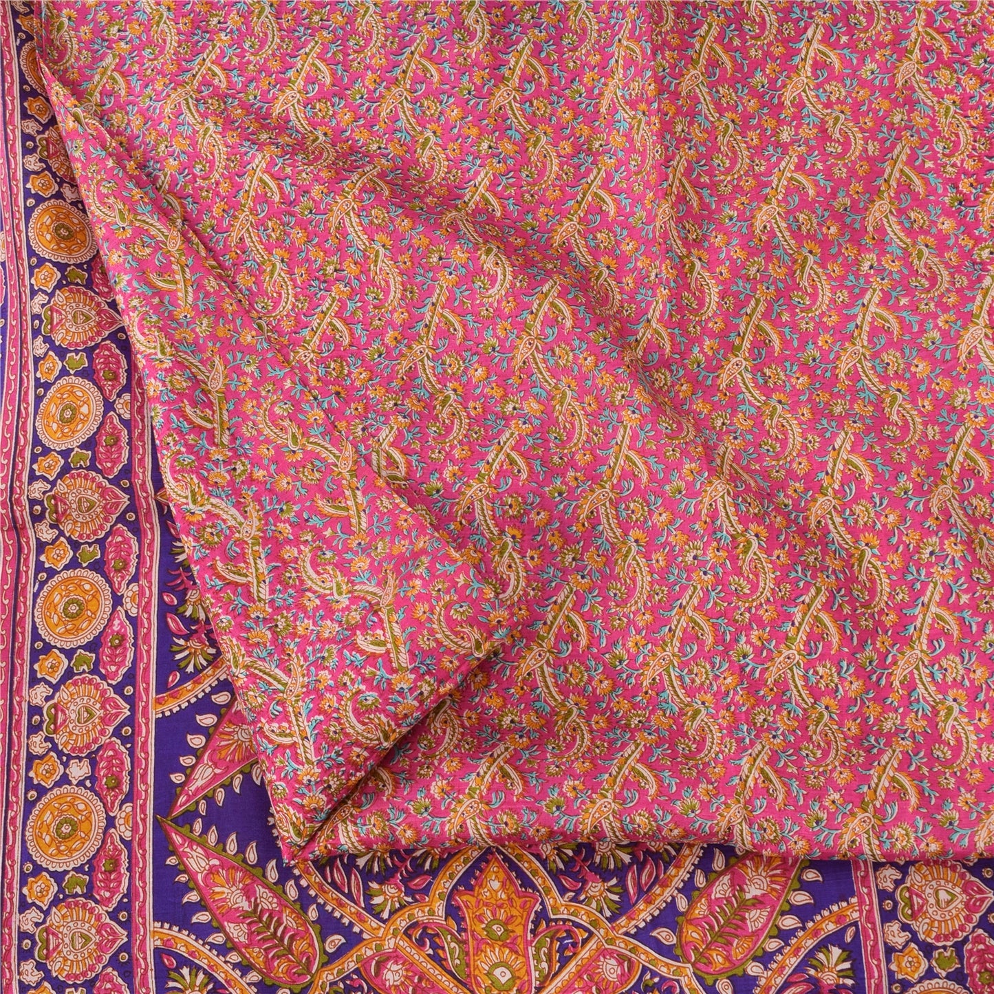 Sanskriti Vintage Sarees From India Pink Pure Silk Print Sari 5+yd Craft Sustainable Fabric