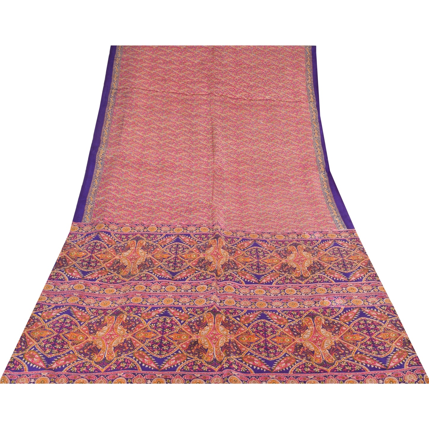 Sanskriti Vintage Sarees From India Pink Pure Silk Print Sari 5+yd Craft Sustainable Fabric