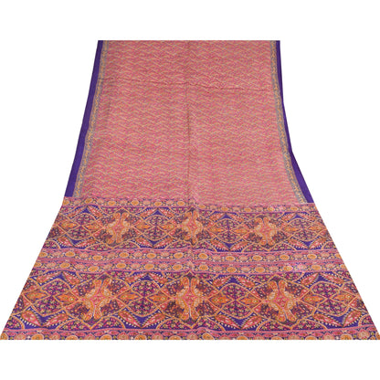 Sanskriti Vintage Sarees From India Pink Pure Silk Print Sari 5+yd Craft Sustainable Fabric