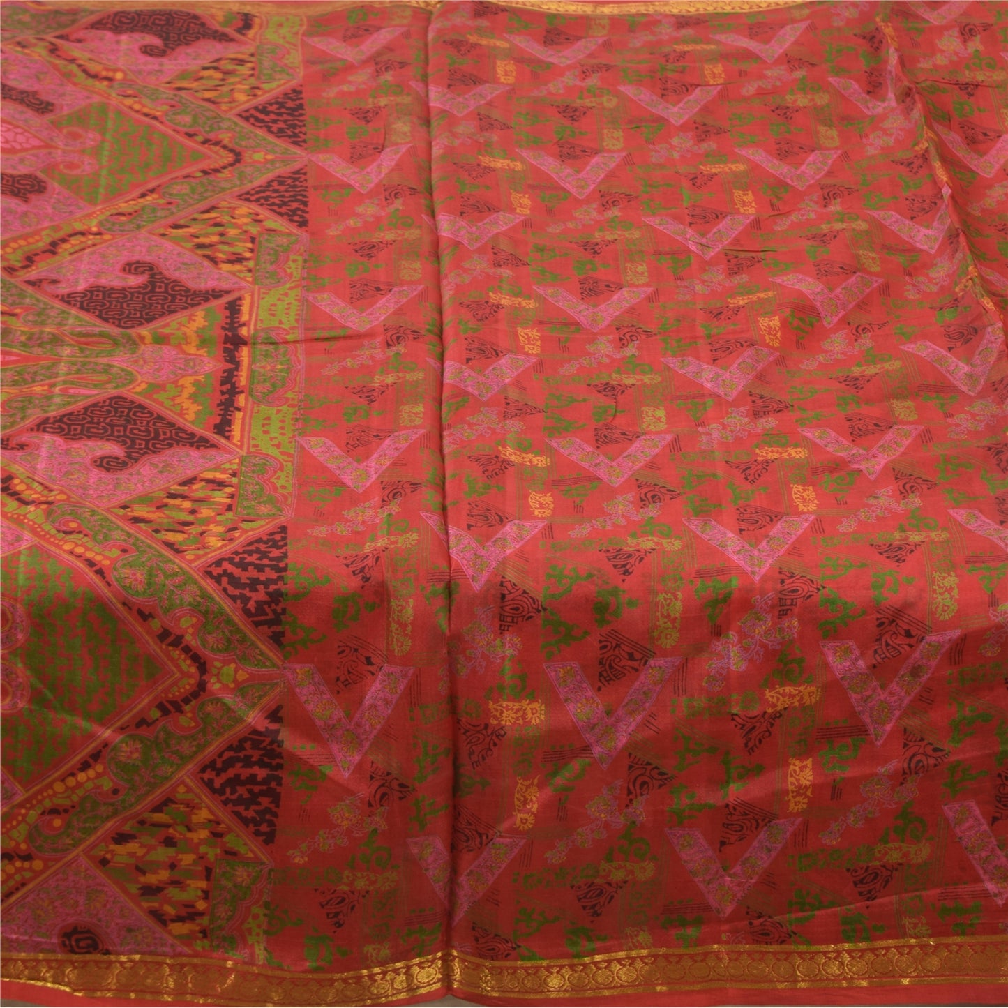 Sanskriti Vintage Sarees Zari Border Pure Silk Printed Sari 6+yd Craft Sustainable Fabric