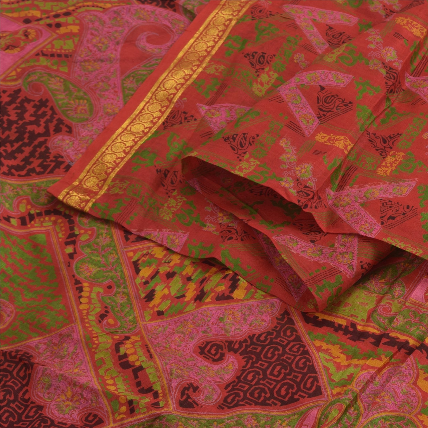 Sanskriti Vintage Sarees Zari Border Pure Silk Printed Sari 6+yd Craft Sustainable Fabric