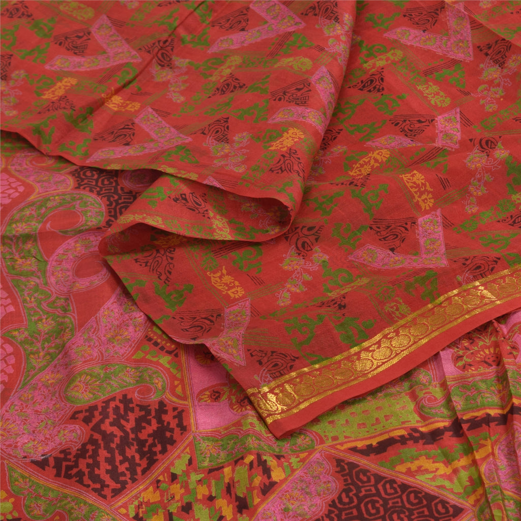 Sanskriti Vintage Sarees Zari Border Pure Silk Printed Sari 6+yd Craft Sustainable Fabric