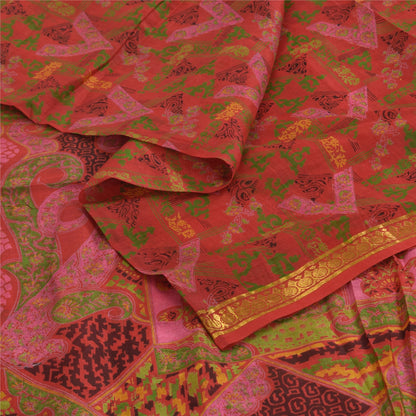 Sanskriti Vintage Sarees Zari Border Pure Silk Printed Sari 6+yd Craft Sustainable Fabric