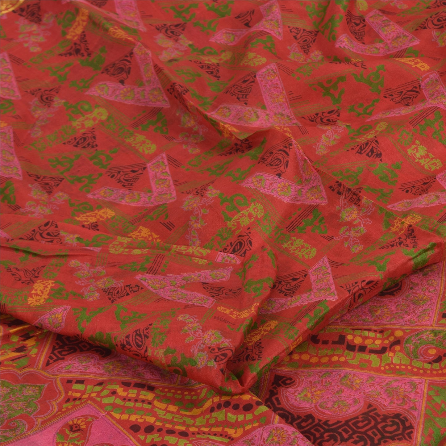 Sanskriti Vintage Sarees Zari Border Pure Silk Printed Sari 6+yd Craft Sustainable Fabric
