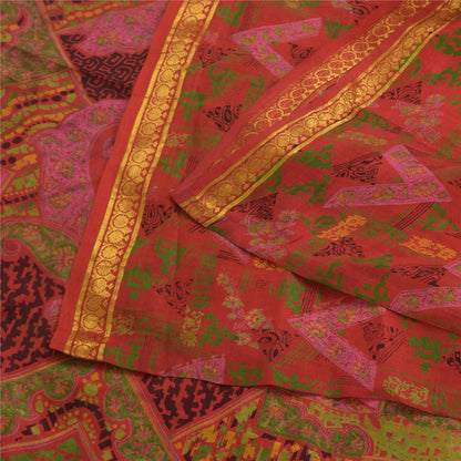 Sanskriti Vintage Sarees Zari Border Pure Silk Printed Sari 6+yd Craft Sustainable Fabric