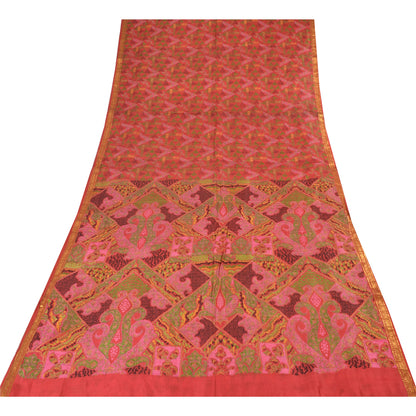 Sanskriti Vintage Sarees Zari Border Pure Silk Printed Sari 6+yd Craft Sustainable Fabric