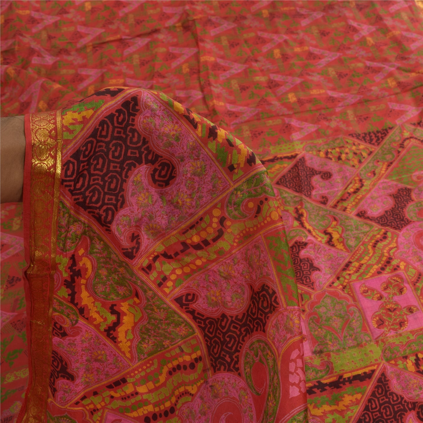 Sanskriti Vintage Sarees Zari Border Pure Silk Printed Sari 6+yd Craft Sustainable Fabric