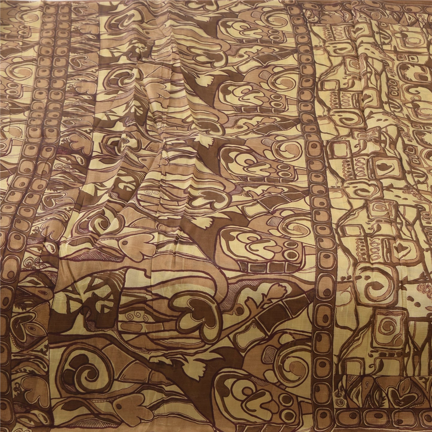 Sanskriti Vintage Sarees Shades Of Brown Pure Silk Print Sari 6+yd Craft Sustainable Fabric