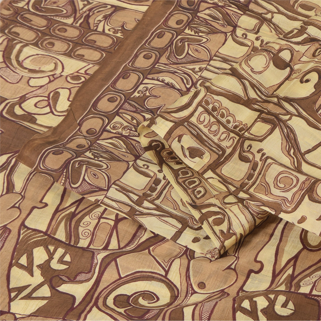 Sanskriti Vintage Sarees Shades Of Brown Pure Silk Print Sari 6+yd Craft Sustainable Fabric