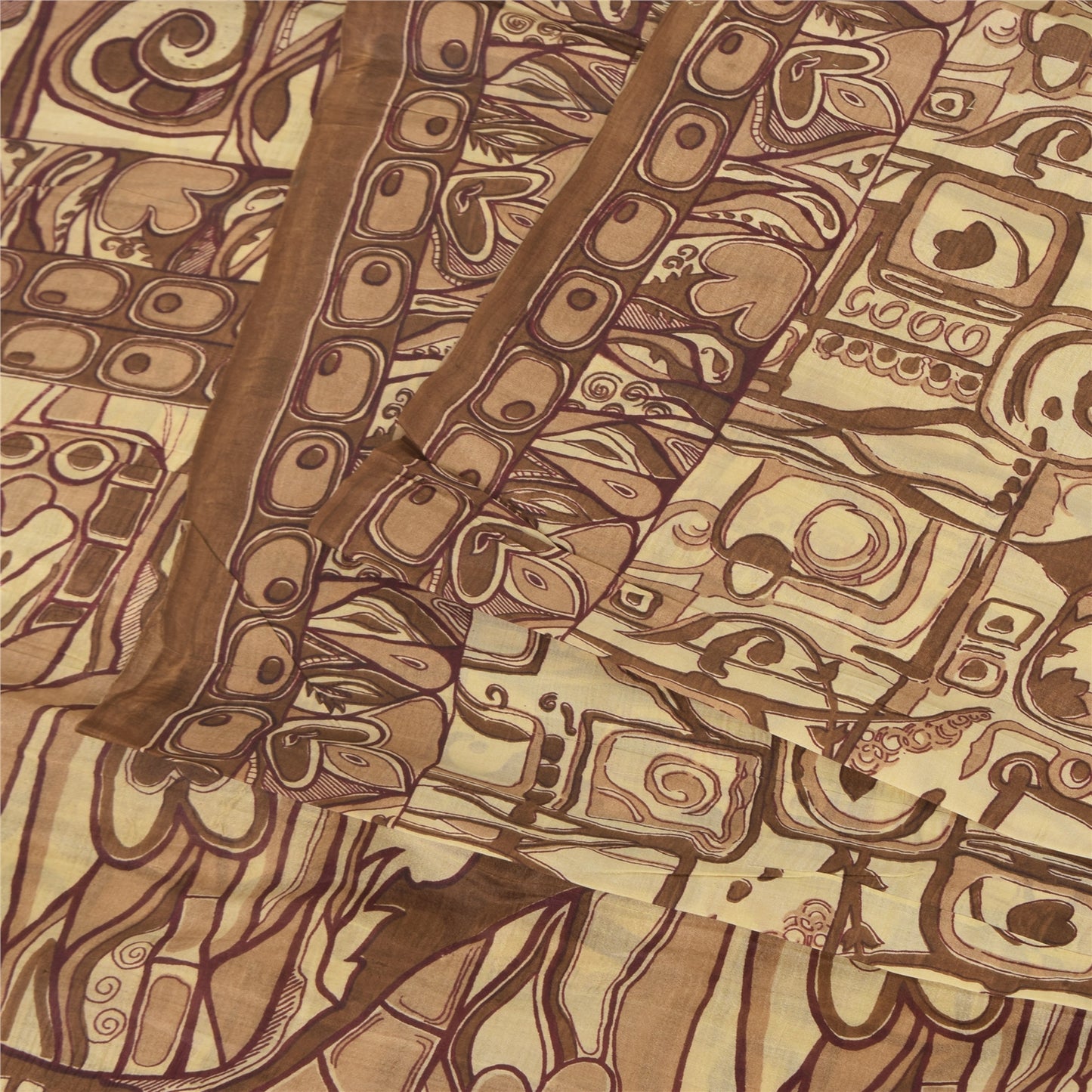 Sanskriti Vintage Sarees Shades Of Brown Pure Silk Print Sari 6+yd Craft Sustainable Fabric