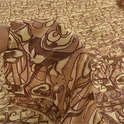 Sanskriti Vintage Sarees Shades Of Brown Pure Silk Print Sari 6+yd Craft Sustainable Fabric