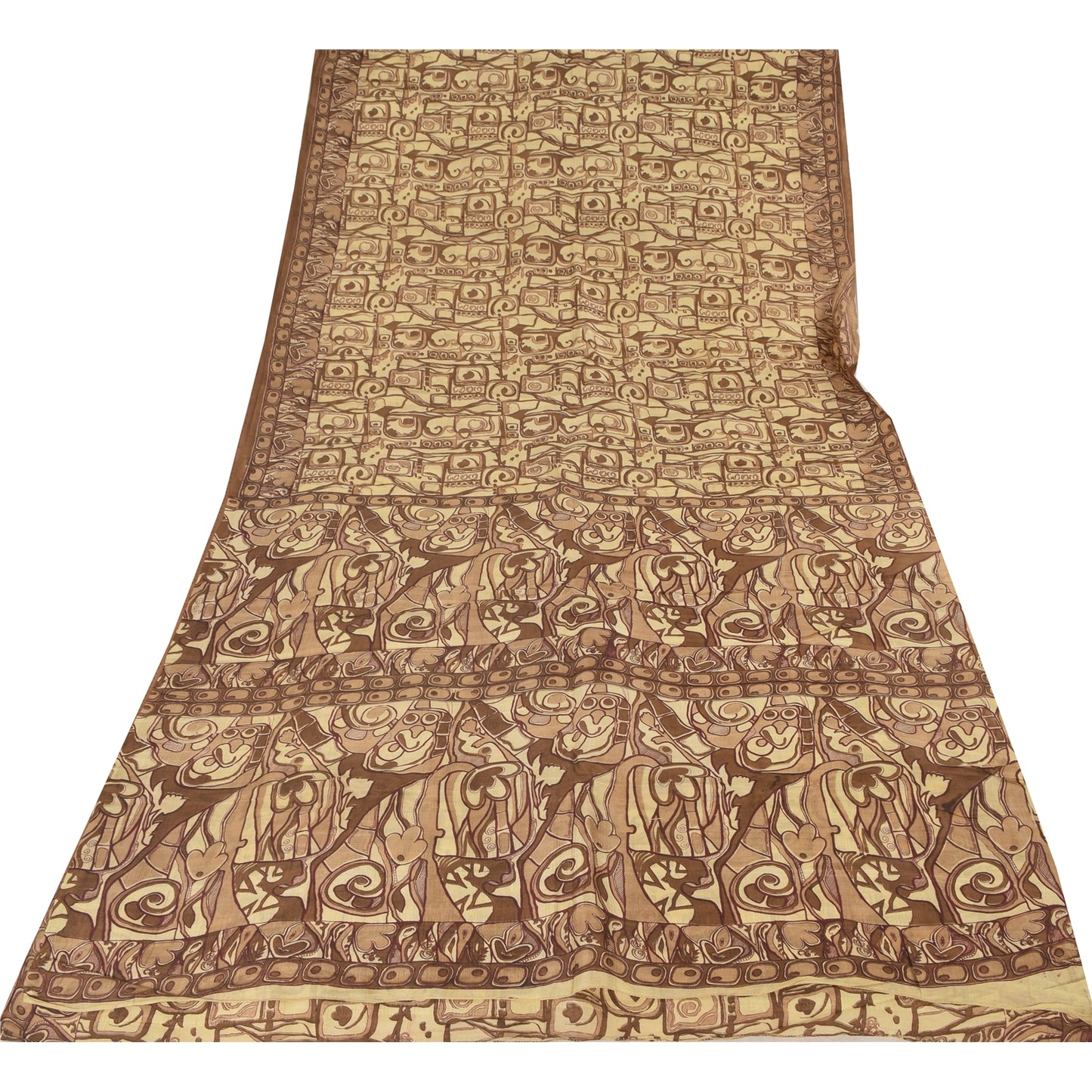 Sanskriti Vintage Sarees Shades Of Brown Pure Silk Print Sari 6+yd Craft Sustainable Fabric