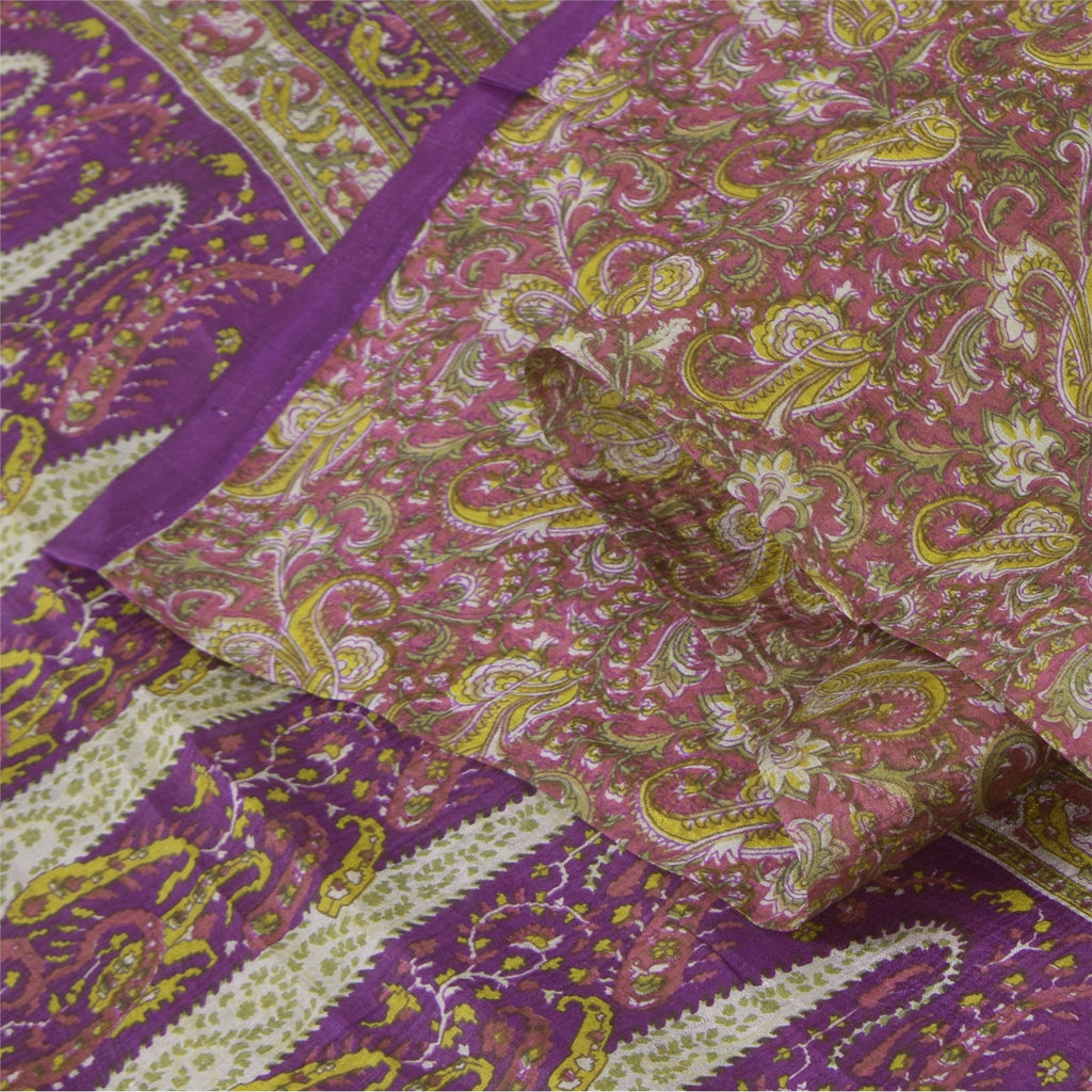 Sanskriti Vintage Sarees Purple Indian Pure Silk Printed Sari 5+yd Craft Sustainable Fabric