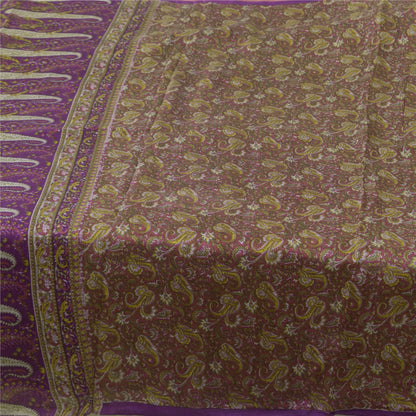 Sanskriti Vintage Sarees Purple Indian Pure Silk Printed Sari 5+yd Craft Sustainable Fabric