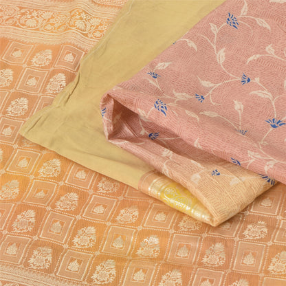 Sanskriti Vintage Sarees Pink Pure Silk Print Brocade Woven Sari 6+yd Fabric