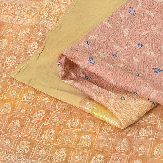 Sanskriti Vintage Sarees Pink Pure Silk Print Brocade Woven Sari 6+yd Fabric