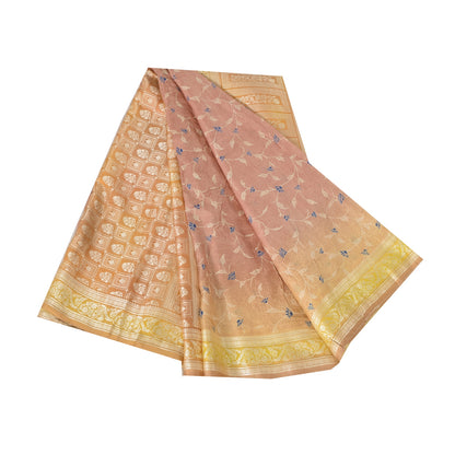 Sanskriti Vintage Sarees Pink Pure Silk Print Brocade Woven Sari 6+yd Fabric