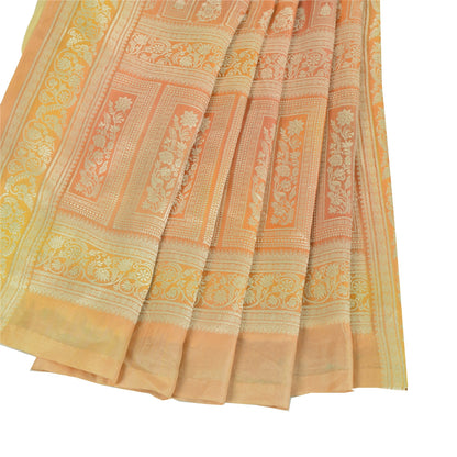 Sanskriti Vintage Sarees Pink Pure Silk Print Brocade Woven Sari 6+yd Fabric