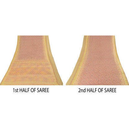 Sanskriti Vintage Sarees Pink Pure Silk Print Brocade Woven Sari 6+yd Fabric