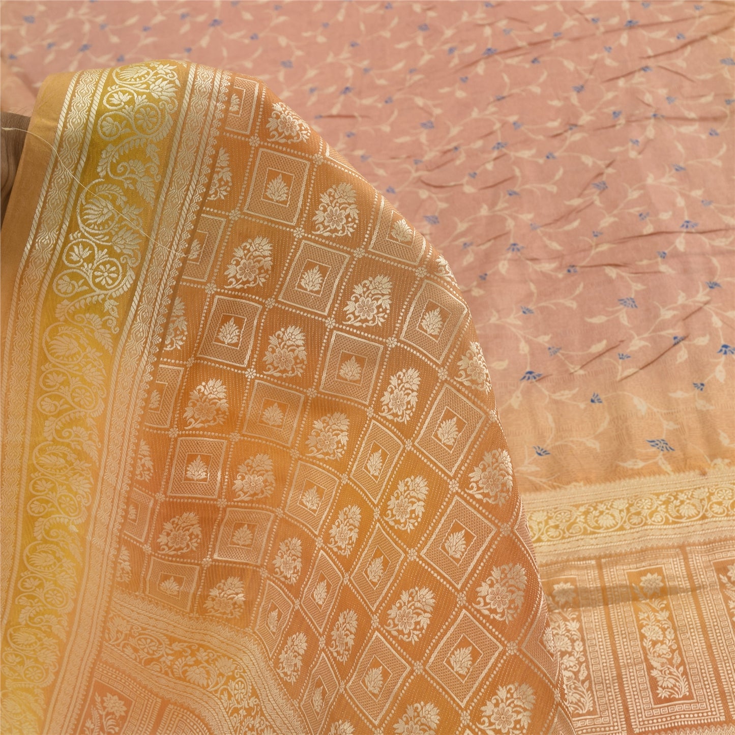 Sanskriti Vintage Sarees Pink Pure Silk Print Brocade Woven Sari 6+yd Fabric