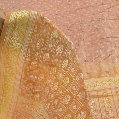 Sanskriti Vintage Sarees Pink Pure Silk Print Brocade Woven Sari 6+yd Fabric