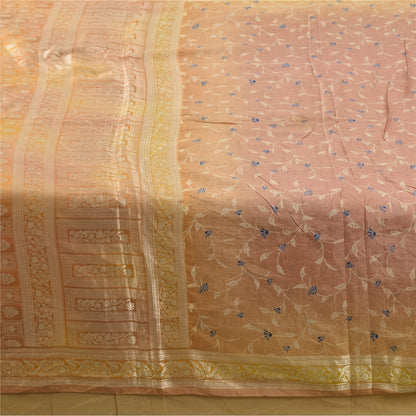 Sanskriti Vintage Sarees Pink Pure Silk Print Brocade Woven Sari 6+yd Fabric