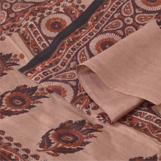Sanskriti Vintage Sarees Peach/Brown Pure Silk Printed Sari 5+yd Craft Sustainable Fabric