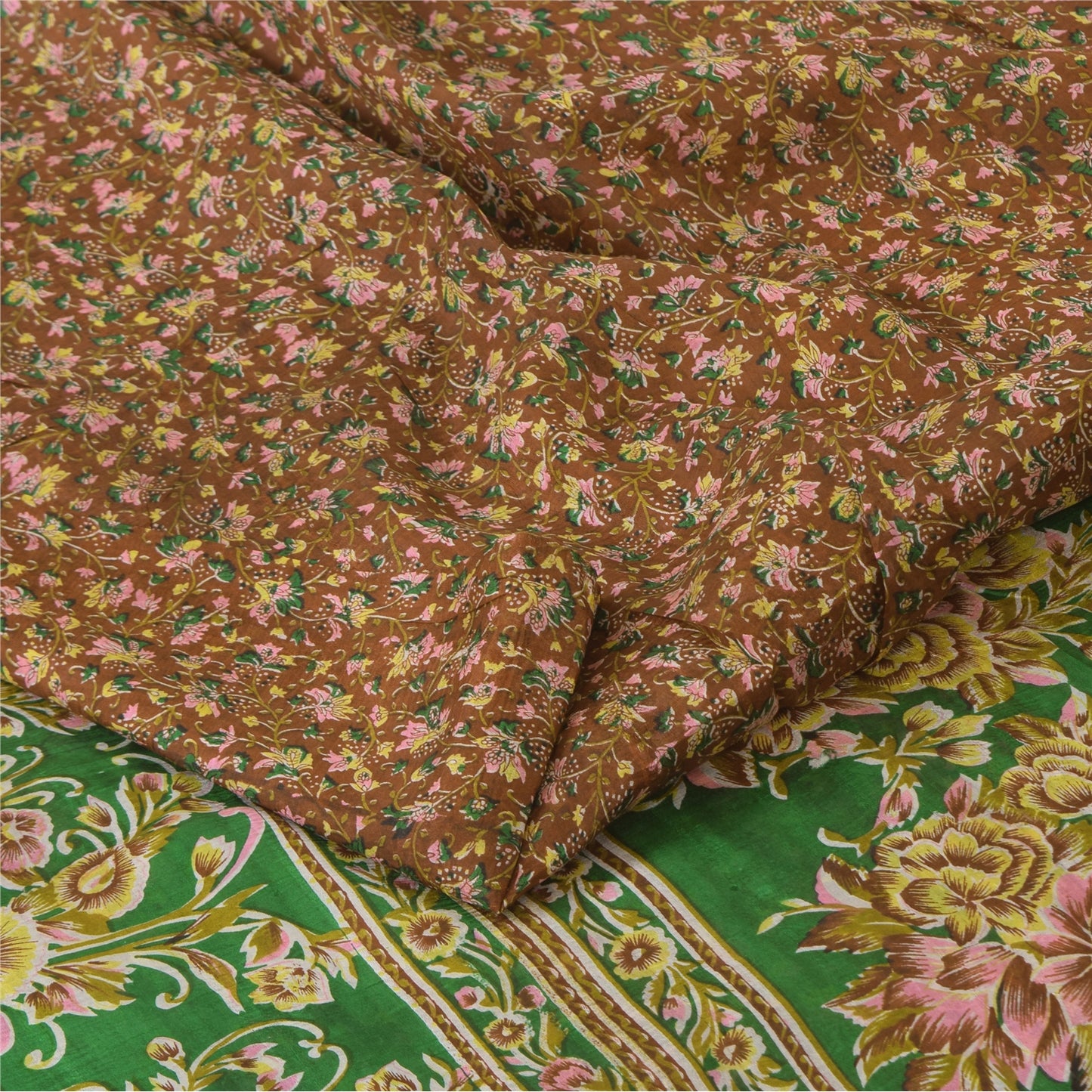 Sanskriti Vintage Sarees Brown Indian Pure Silk Printed Sari 5+yd Craft Sustainable Fabric