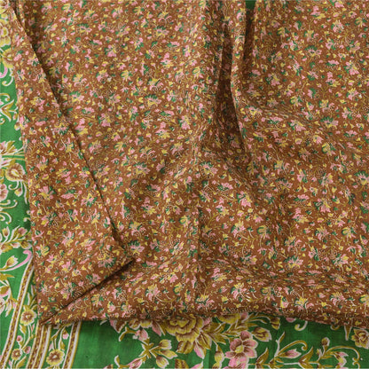 Sanskriti Vintage Sarees Brown Indian Pure Silk Printed Sari 5+yd Craft Sustainable Fabric