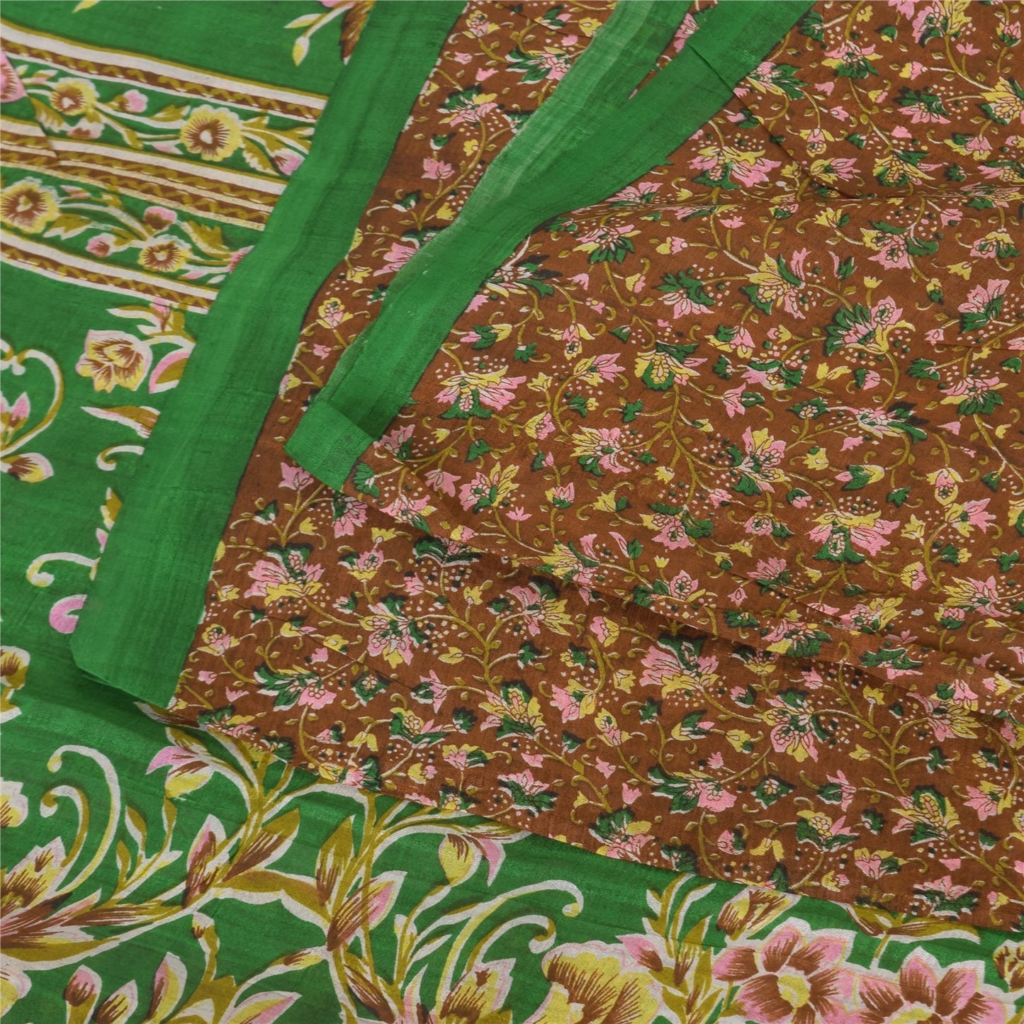 Sanskriti Vintage Sarees Brown Indian Pure Silk Printed Sari 5+yd Craft Sustainable Fabric