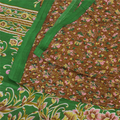 Sanskriti Vintage Sarees Brown Indian Pure Silk Printed Sari 5+yd Craft Sustainable Fabric