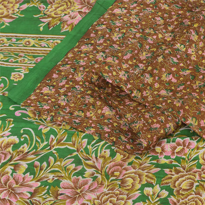Sanskriti Vintage Sarees Brown Indian Pure Silk Printed Sari 5+yd Craft Sustainable Fabric