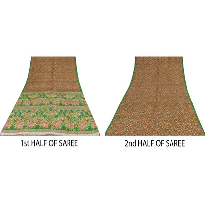 Sanskriti Vintage Sarees Brown Indian Pure Silk Printed Sari 5+yd Craft Sustainable Fabric