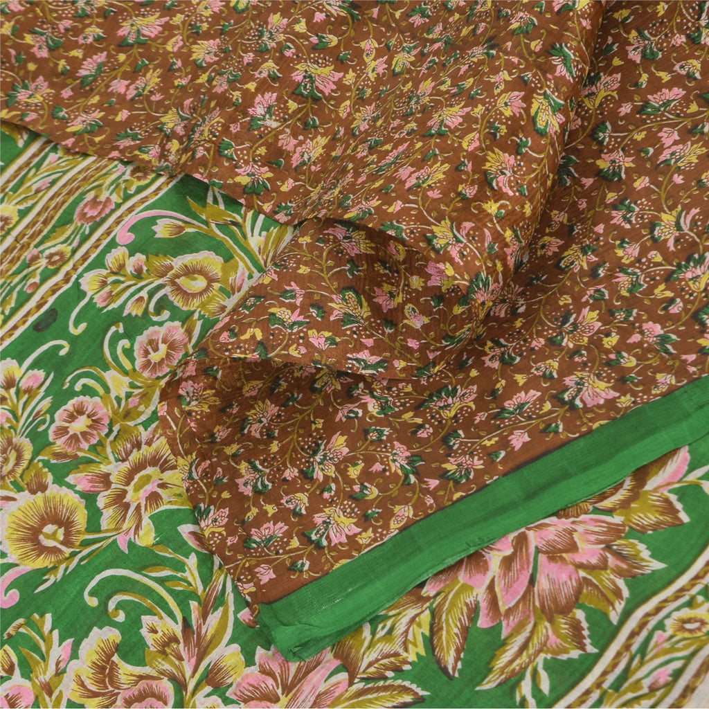 Sanskriti Vintage Sarees Brown Indian Pure Silk Printed Sari 5+yd Craft Sustainable Fabric