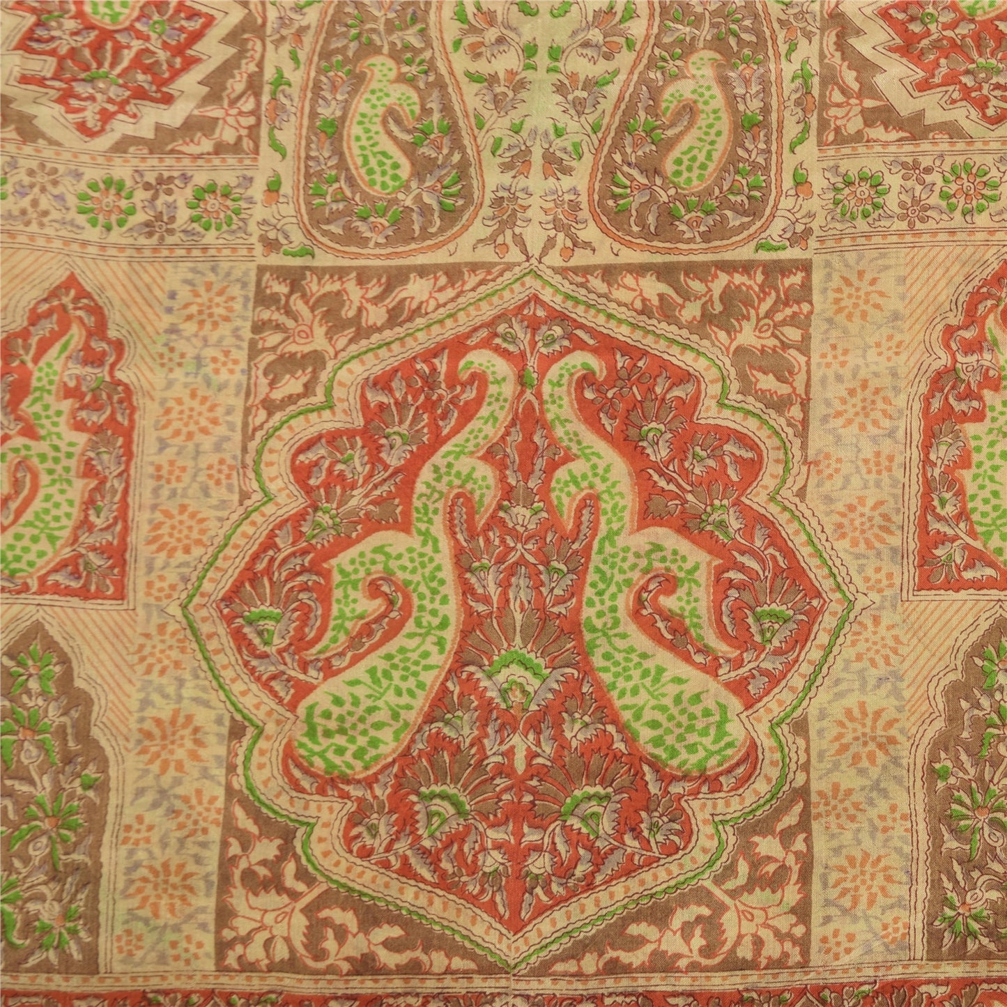 Sanskriti Vintage Sarees Beige Indisk Ren Silke Trykt Sari 6+ yard Håndværk Bæredygtigt Stoff