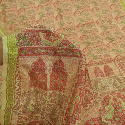 Sanskriti Vintage Sarees Beige Indisk Ren Silke Trykt Sari 6+ yard Håndværk Bæredygtigt Stoff