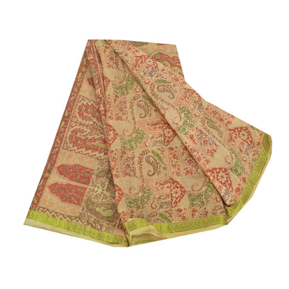 Sanskriti Vintage Sarees Beige Indisk Ren Silke Trykt Sari 6+ yard Håndværk Bæredygtigt Stoff