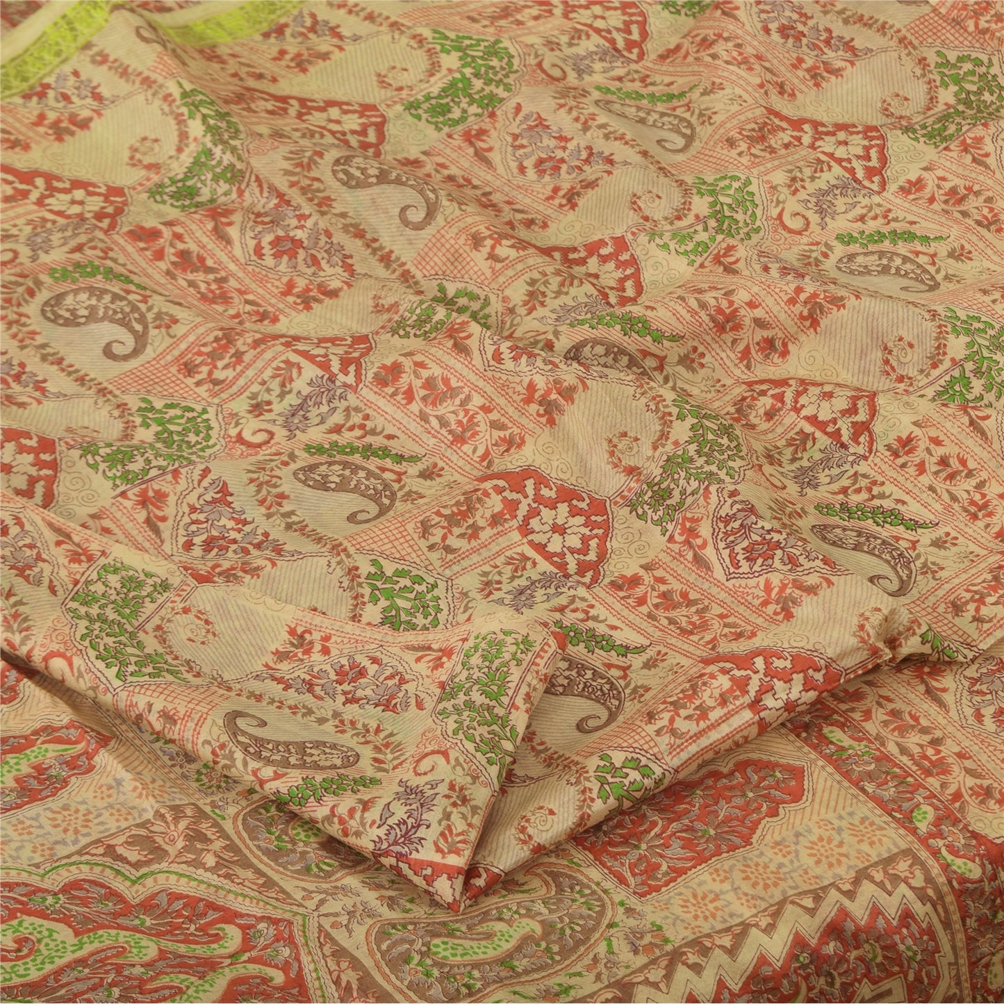 Sanskriti Vintage Sarees Beige Indisk Ren Silke Trykt Sari 6+ yard Håndværk Bæredygtigt Stoff