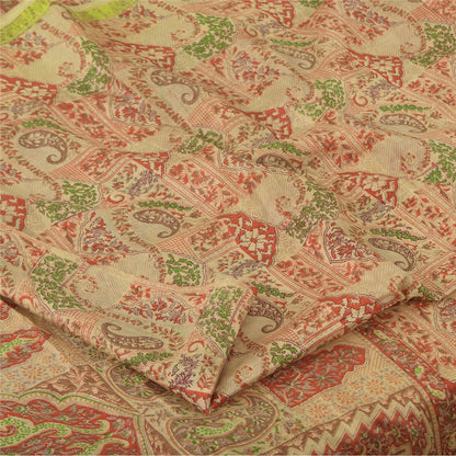 Sanskriti Vintage Sarees Beige Indisk Ren Silke Trykt Sari 6+ yard Håndværk Bæredygtigt Stoff