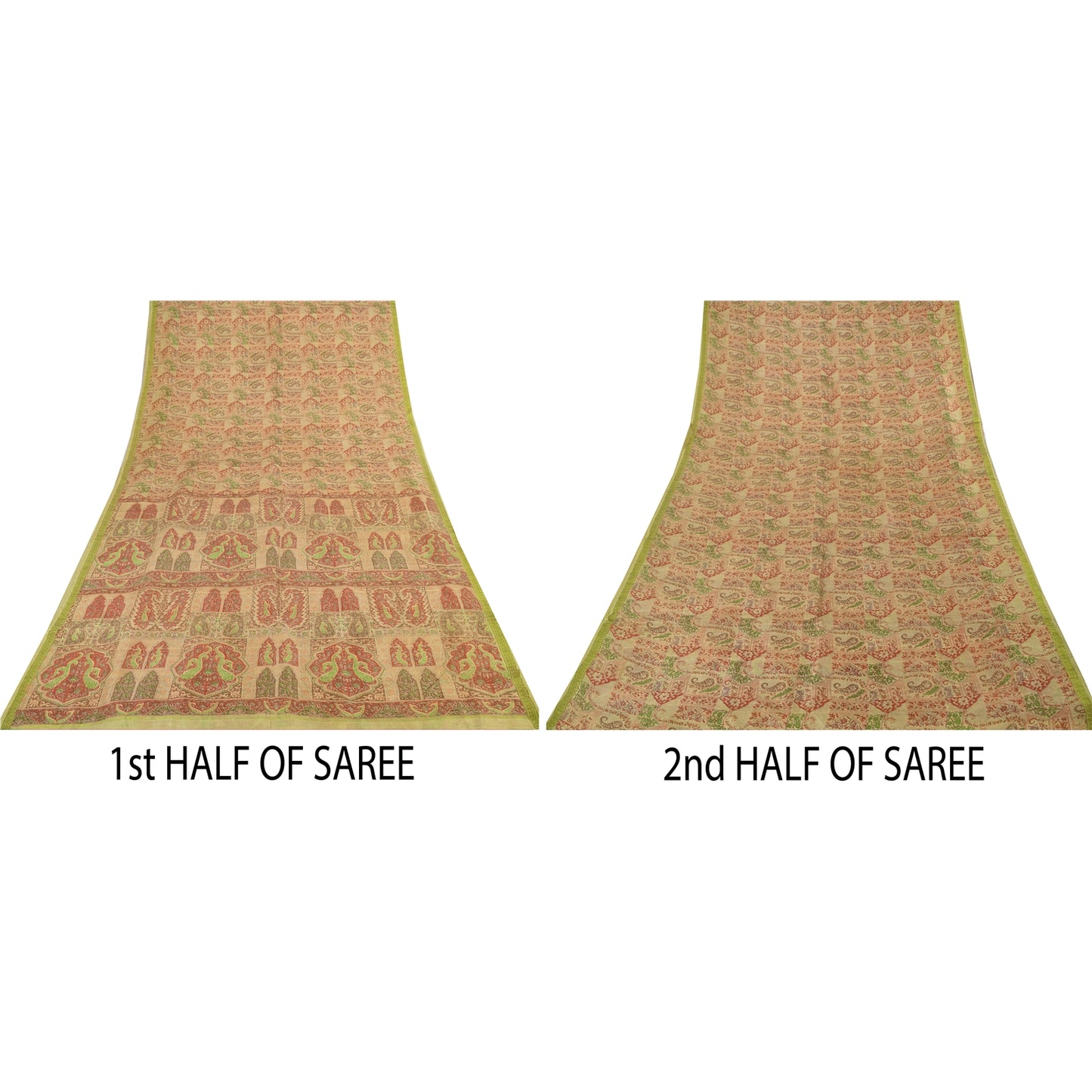 Sanskriti Vintage Sarees Beige Indisk Ren Silke Trykt Sari 6+ yard Håndværk Bæredygtigt Stoff